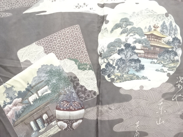 アンティーク　雪輪に金閣寺模様肩裏紋付羽二重男物羽織